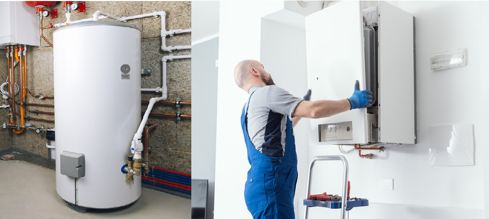 A tank water heater compared to a tankless water heater