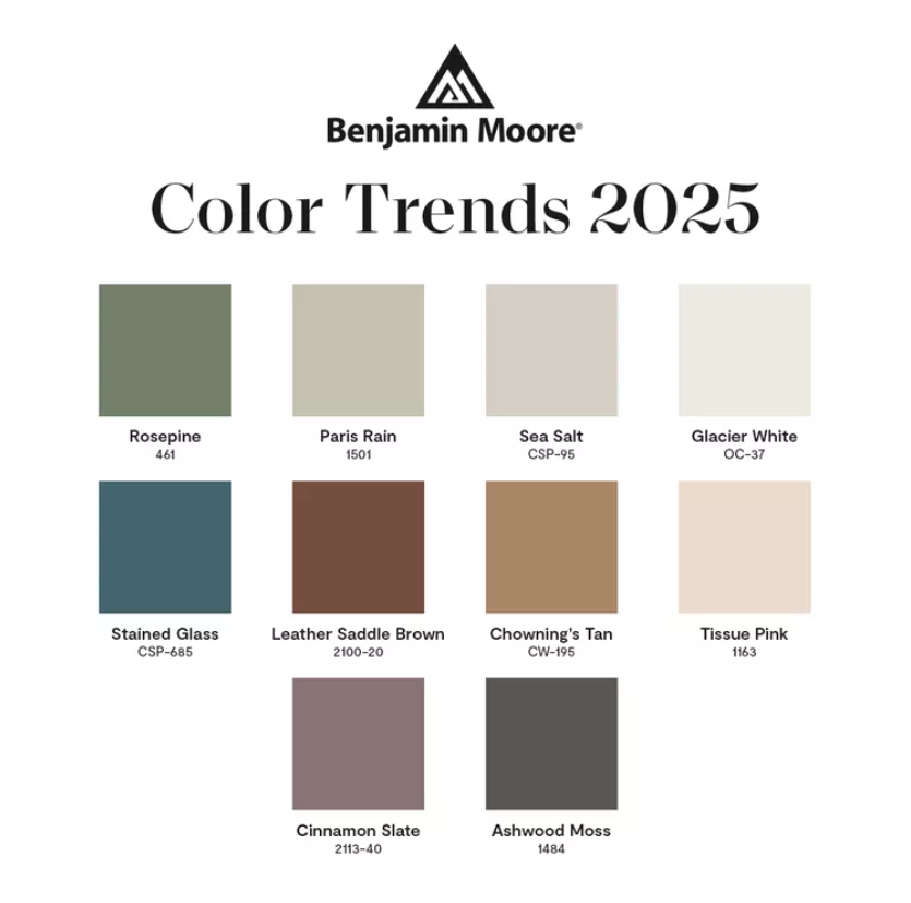 Benjamin Moore 2025 paint palette. 10 squares of different colors, ranging from white to gray. Lots of neutral colors, like brown, tan, and soft blue