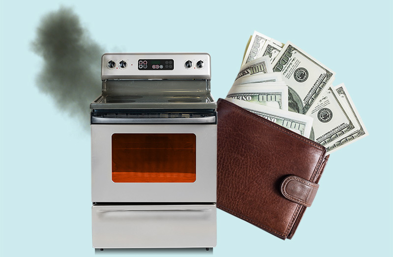 A picture of a wallet next to a smoking oven.