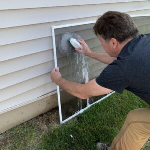 A man washing a window screen with soap and brush