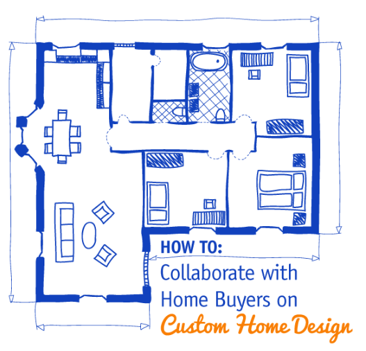 A drawing of home blueprints with the words "Collaborate with Home Buyers on Customer Home Design"