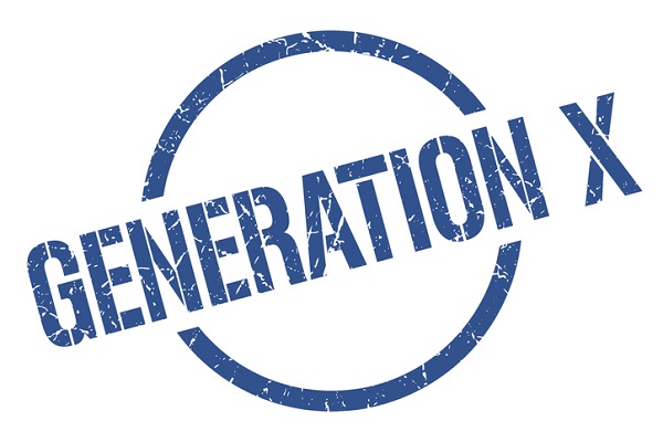 The words "generation x" in a round stamp. The words and stamp are blue on a white background
