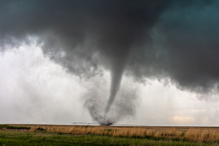 A tornado spins in a field beneath a supercell thunderstorm during a severe weather event