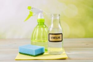 An empty green spray bottle next to a clear plastic bottle with no top and the word "Vinegar" on it. Also, there's a blue sponge to the left.
