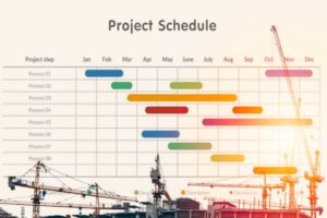 abstract business background of construction site with tower cranes and overlay with project schedule chart and gantt chart indicating a timeline