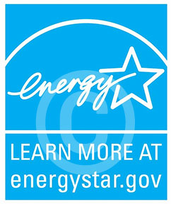 Energy Star government program logo, which is the word "energy" written in all-lowercase cursive next to a five-pointed star. The text and star are white and on a light blue background