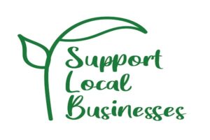 The words "Support Local Businesses" next to a plant with two leaves and a stem. Everything is green.