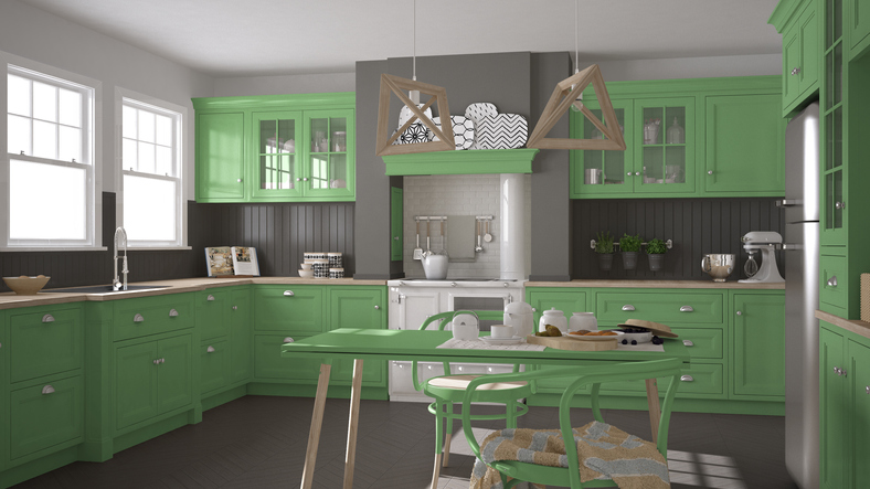 Scandinavian classic kitchen with wooden and green details, minimalistic interior design