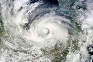 Top view of Hurricane Alex, Atlantic Hurricane, Sprawls across the Gulf of Mexico. Aerial view of circular white clouds in motion. Storm