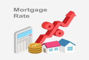 An animated calculator, stack of coins, two houses, and a red arrow with a percentage sign in the middle that's pointing upward. The word Mortgage Rate appear in the upper left.