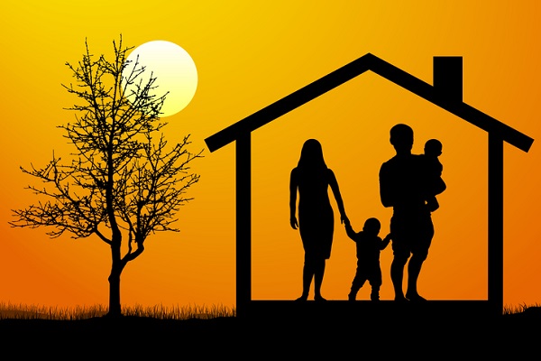 2-10 HBW silhouette of a house with 4 people in it facing a sunrise