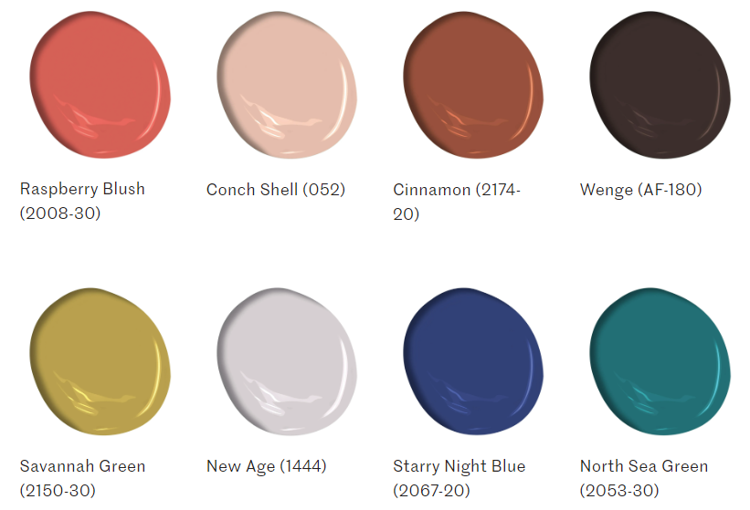 Eight different gobs of paint representing the 2023 color palette from Benjamin Moore