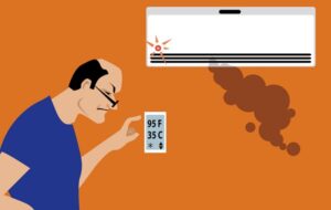 Upset man looking at home thermostat showing high degrees under a broken air conditioner, EPS 8 vector illustration
