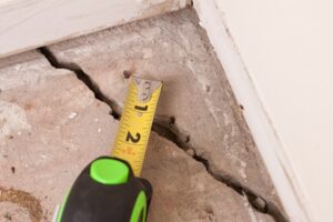 large deep crack in concrete foundation of house with a tape measure measuring the crack's width