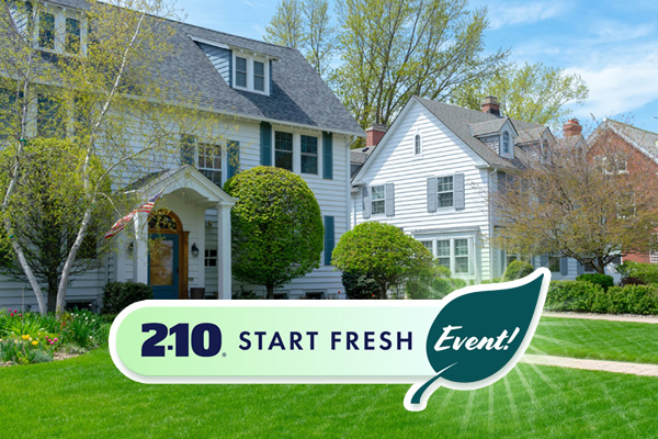 A beautiful mansion and lush green lawn with the words 2-10 Start Fresh Event in a rounded button on the lower half. The word "Event" appears in a leaf.