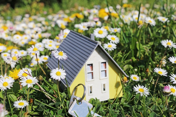 Model starter home in a lush meadow with daisies as a symbol of the desire for a home in the countryside