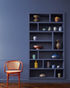 Blue Nova paint color. A book case and red chair also