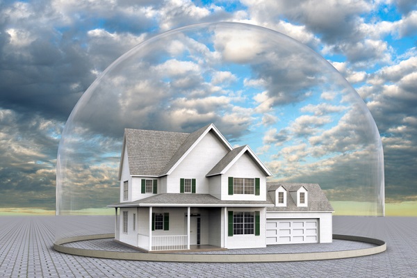 3D rendering of a house inside a dome, signifying the future of new home warranty coverage
