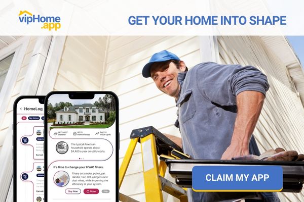 Repair man on a ladder smiling outside a house. Top banner includes phrases vipHome.app in top left corner and Get Your Home Into Shape in top right corner. Claim my app button in lower right corner. Smart phone screens in lower left corner showing interface of an app.