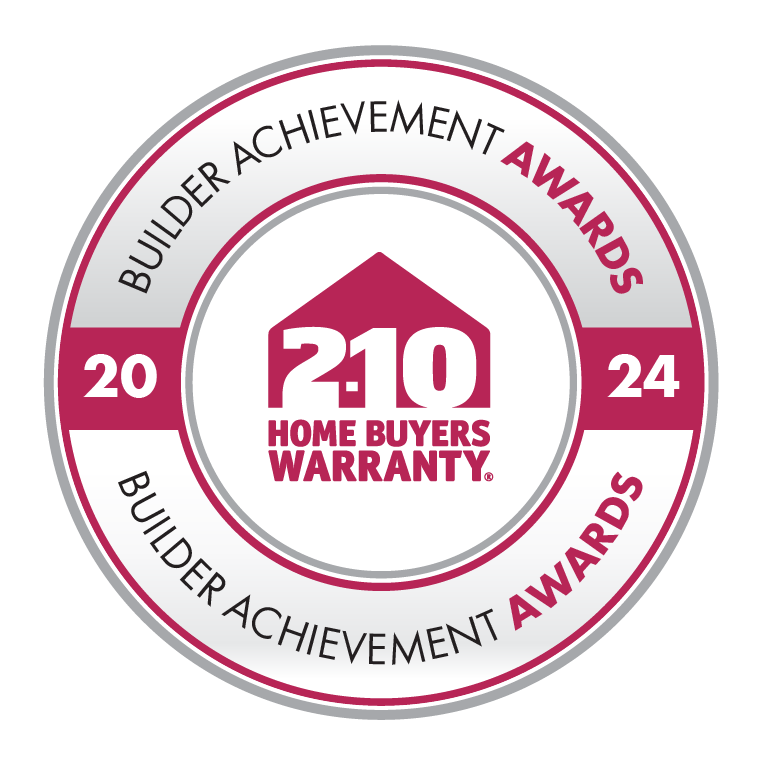 A circular reward seal that's red and silver. In the middle it says 2-10 Home Buyers Warranty. In the outer ring, it says 2024 Builder Achievement Awards.