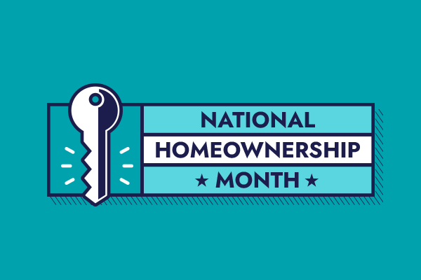 An animation of National Homeownership Month. A key on the left, and little man jumping up.